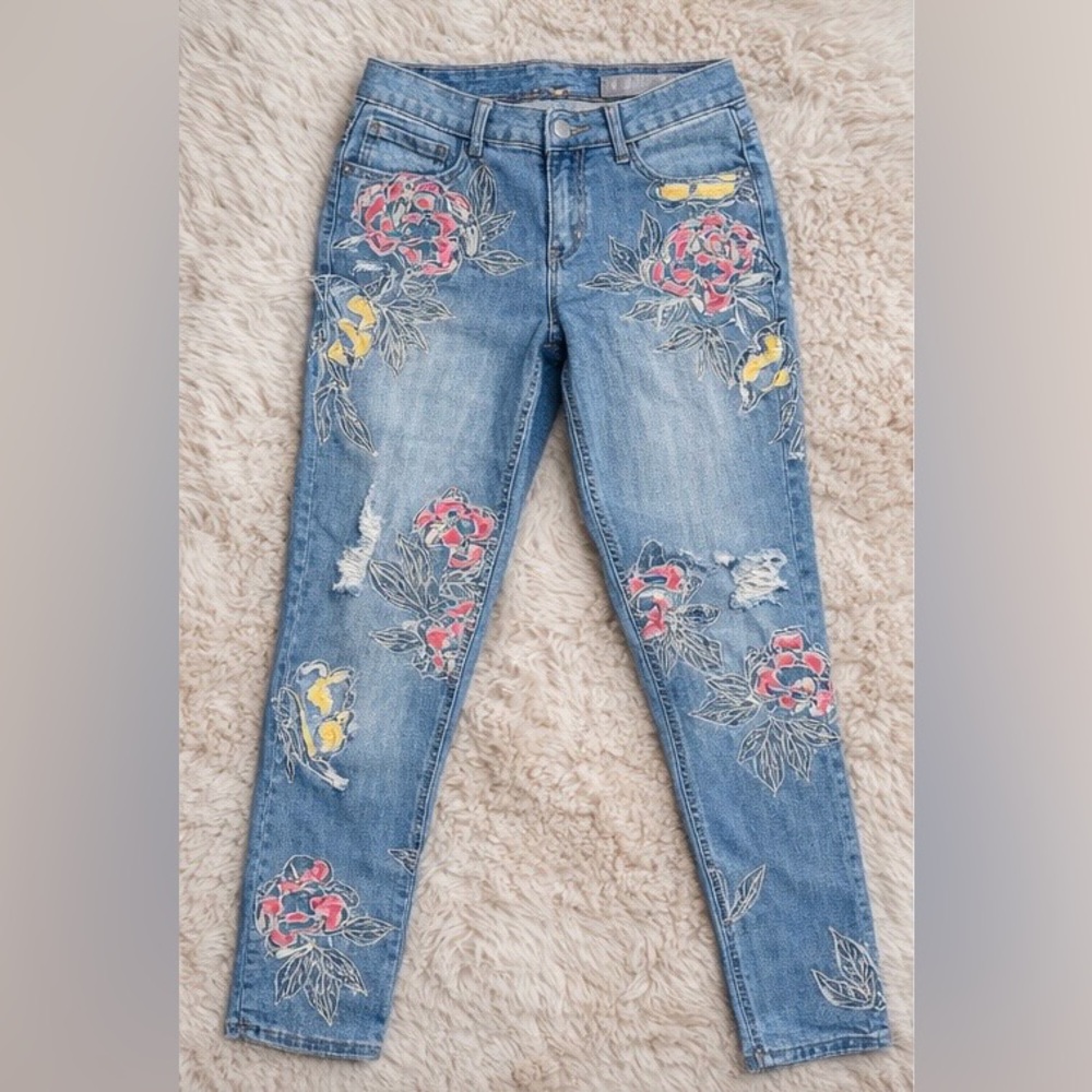 Melissa McCarthy Light Blue Skinny Jeans with Pink & Yellow Floral Embroidery